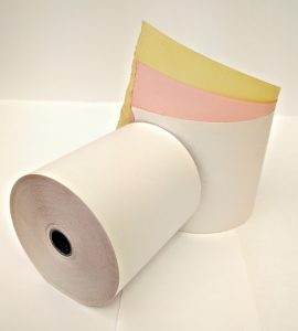 76 X 76 3 Ply Printer Rolls in white yellow and pink